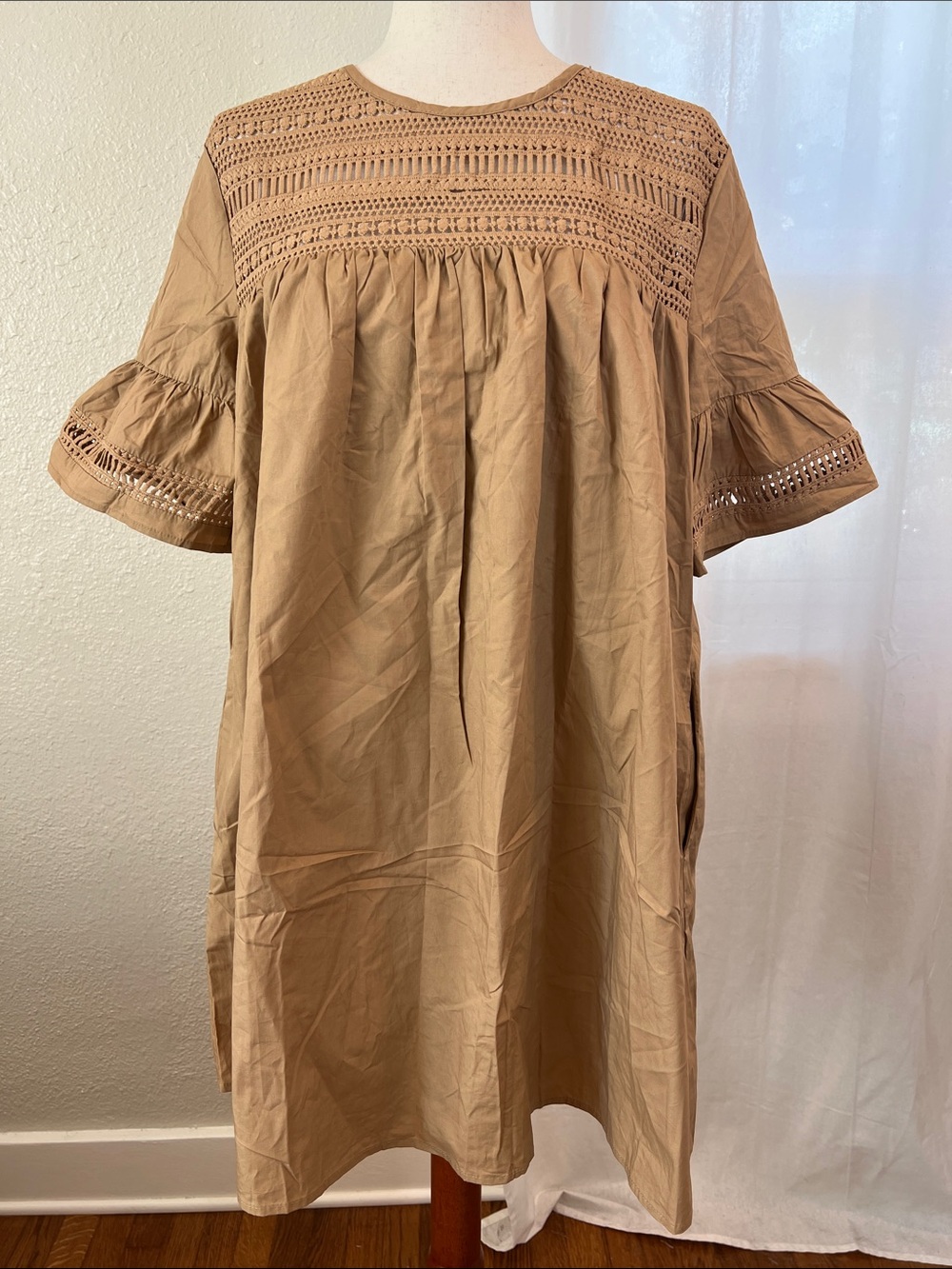 English Factory Tan Crochet Yoke Midi Dress. Size M. NWT. Callout